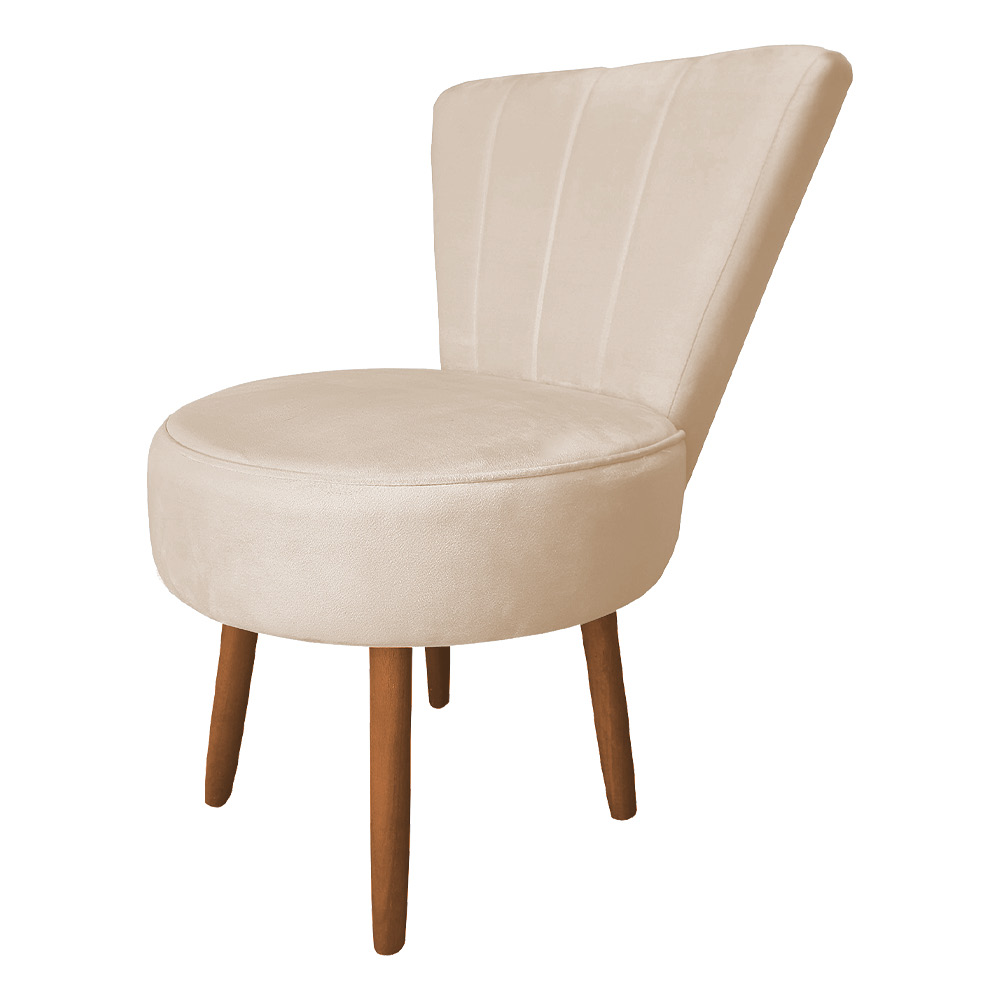 Poltrona Cadeira Decorativa Costurada Elegância Veludo Bege Pés Palito Castanho - Pallazio