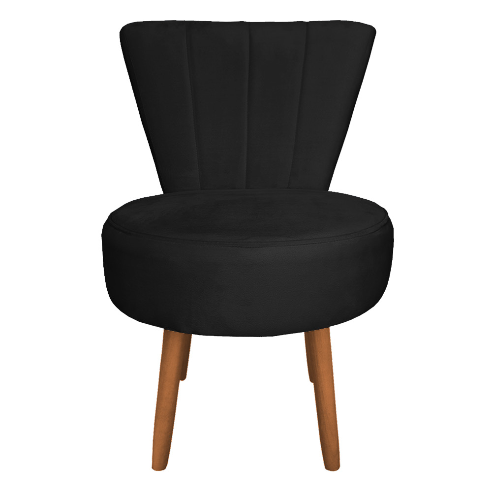 Poltrona Cadeira Decorativa Costurada Elegância Veludo Preto Pés Palito Castanho - Pallazio