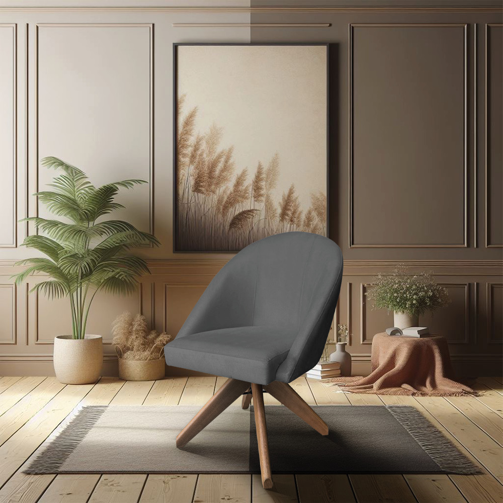 Poltrona Cadeira Giratória Bela Suede Grafite Base de Madeira - Pallazio