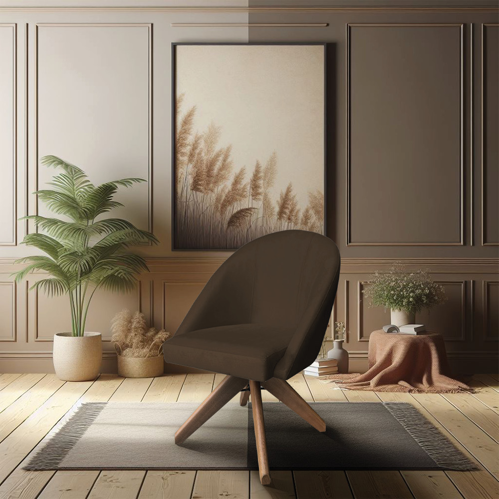 Poltrona Cadeira Giratória Bela Suede Marrom Base de Madeira - Pallazio