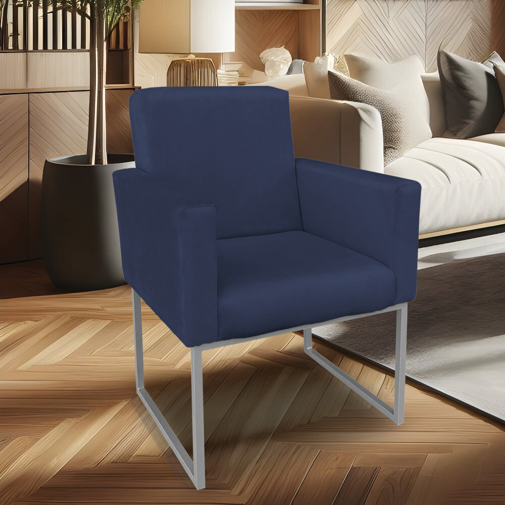 Poltrona Clarice Veludo Azul Marinho Base Metálica Industrial Prata - Pallazio