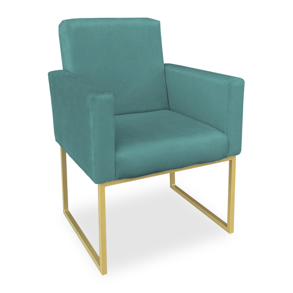 Poltrona Clarice Veludo Azul Turquesa Base Metálica Industrial Dourado - Pallazio