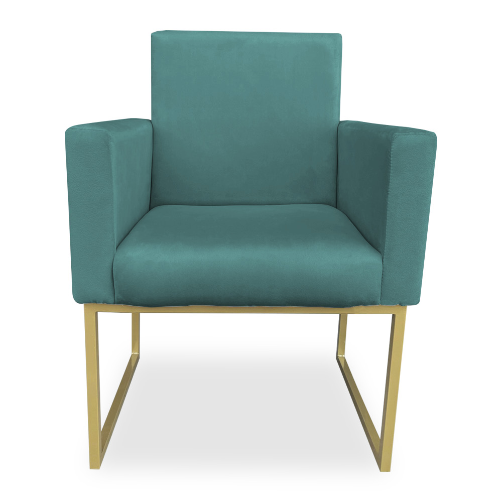 Poltrona Clarice Veludo Azul Turquesa Base Metálica Industrial Dourado - Pallazio