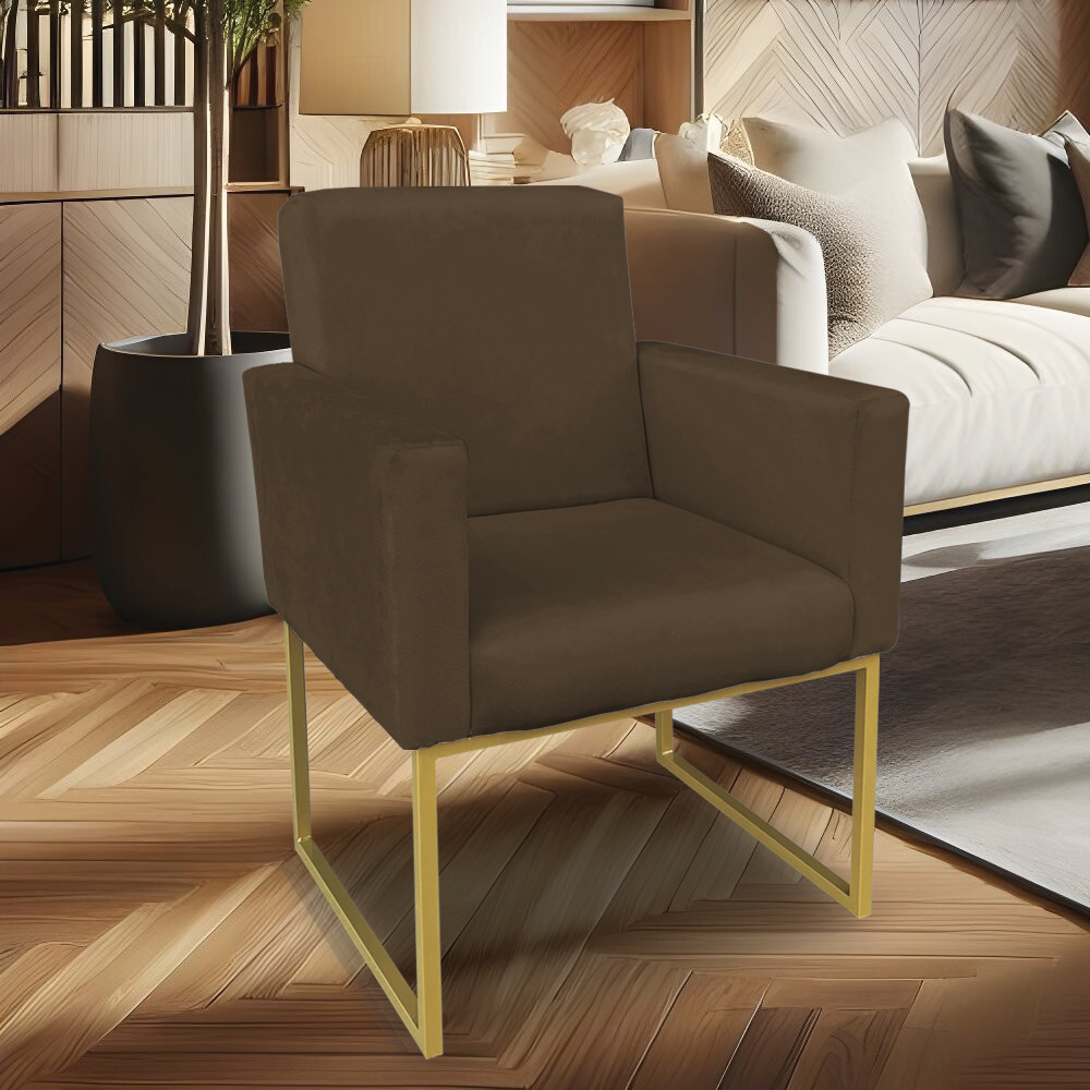 Poltrona Clarice Veludo Marrom Base Metálica Industrial Dourado - Pallazio