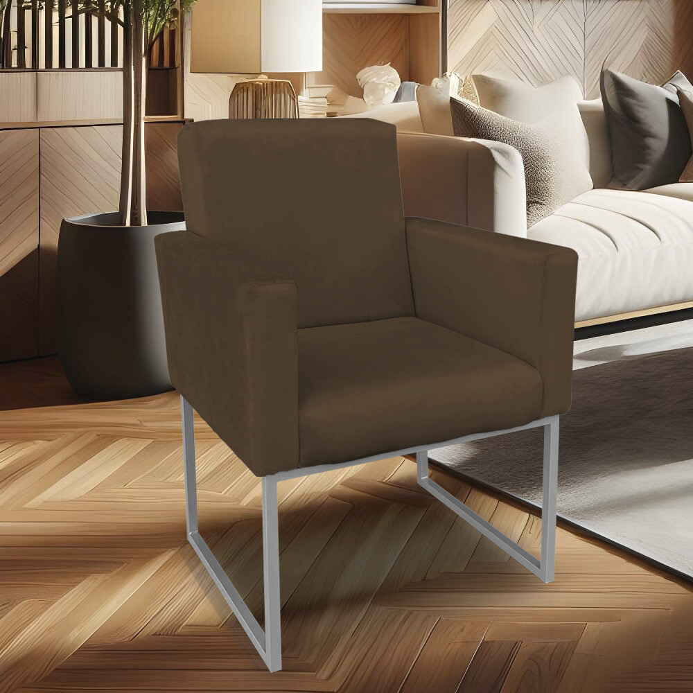 Poltrona Clarice Veludo Marrom Base Metálica Industrial Prata - Pallazio