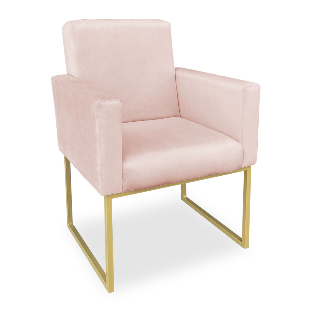 Poltrona Clarice Veludo Rosa Bebê Base Metálica Industrial Dourado - Pallazio