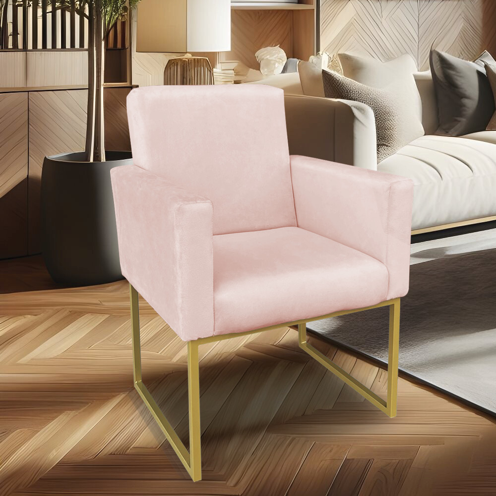 Poltrona Clarice Veludo Rosa Bebê Base Metálica Industrial Dourado - Pallazio