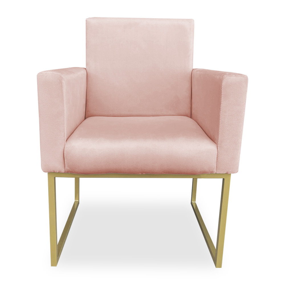 Poltrona Clarice Veludo Rosa Bebê Base Metálica Industrial Dourado - Pallazio