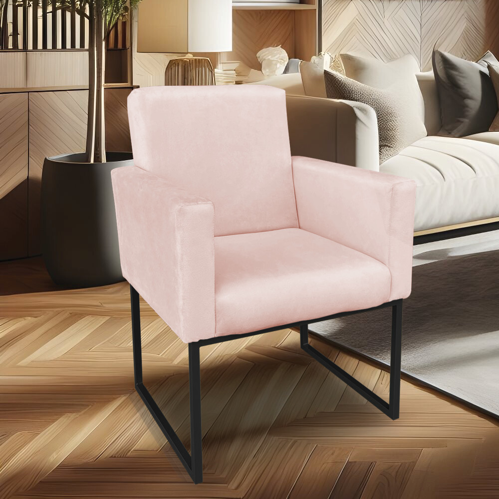 Poltrona Clarice Veludo Rosa Bebê Base Metálica Industrial Preto - Pallazio