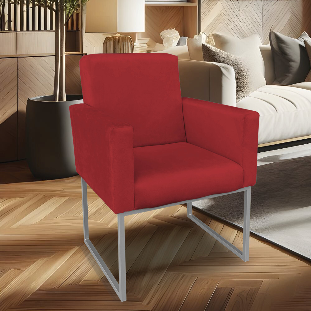 Poltrona Clarice Veludo Vermelho Base Metálica Industrial Prata - Pallazio