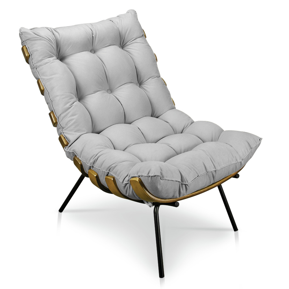 Poltrona Costela Suede Cinza Base Metálica - Pallazio