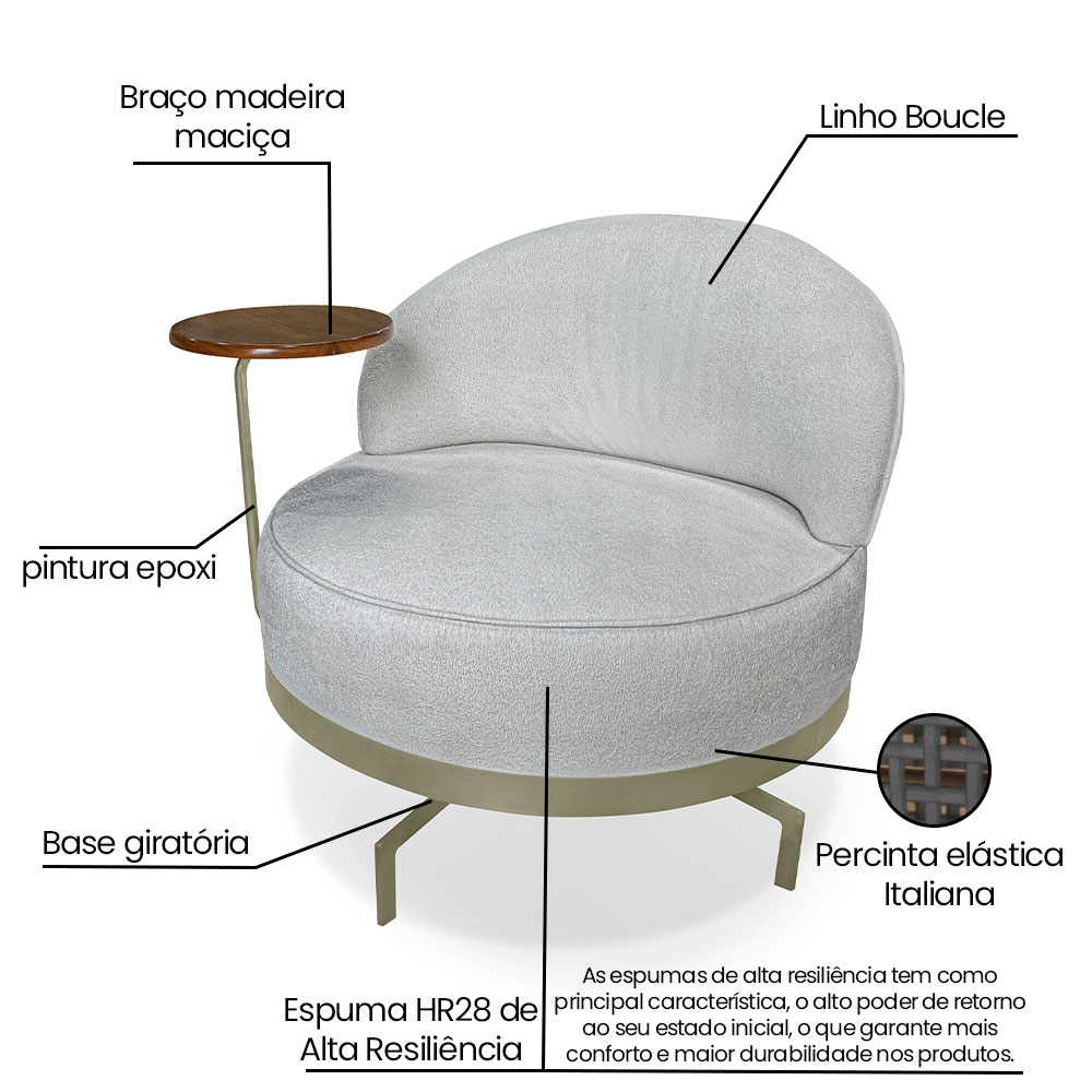 Poltrona Decorativa Andromeda Linho Bouclê Cinza Claro Base Giratória de Ferro - Pallazio