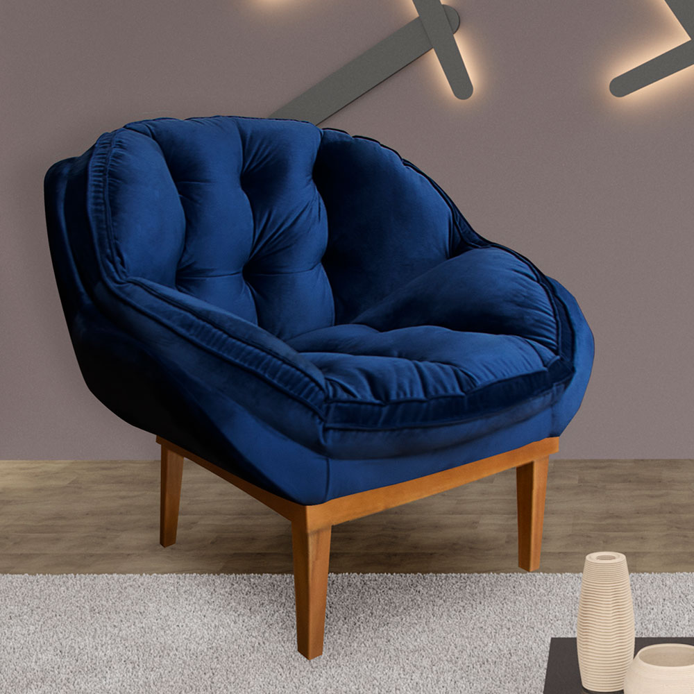 Poltrona Decorativa Marcela Veludo Azul Marinho Base Madeira Castanho - Pallazio