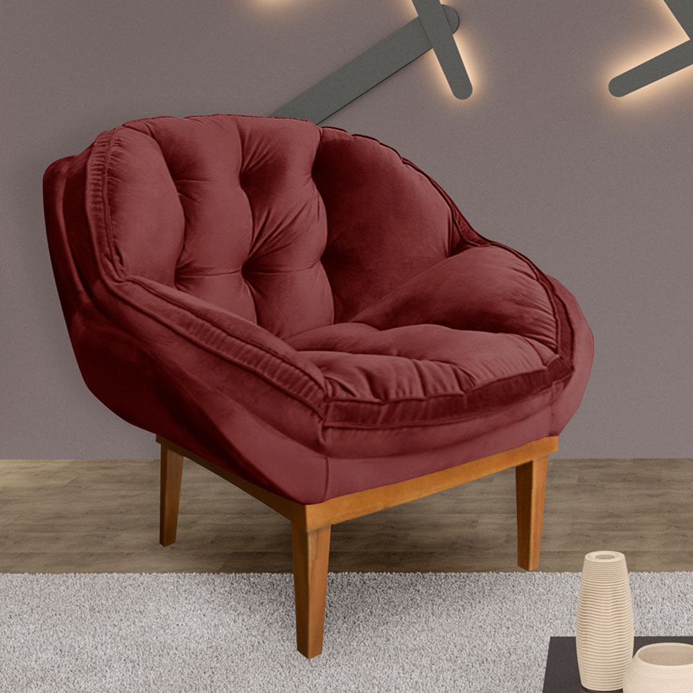 Poltrona Decorativa Marcela Veludo Marsala Base Madeira Castanho - Pallazio