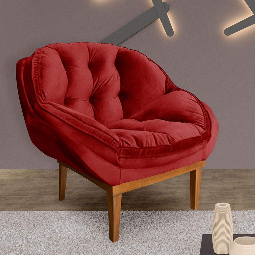 Poltrona Decorativa Marcela Veludo Vermelho Base Madeira Castanho - Pallazio