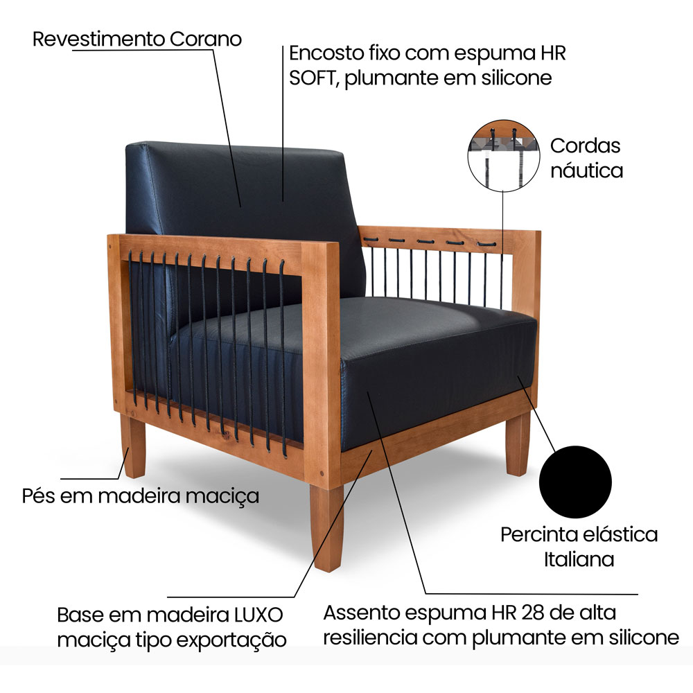 Poltrona Decorativa Marilia Corano Preto Base em Madeira Castanho - Pallazio