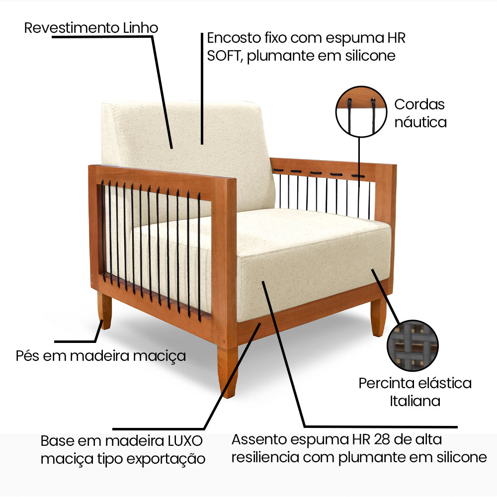 Poltrona Decorativa Marilia Linho Bege Base em Madeira Castanho - Pallazio