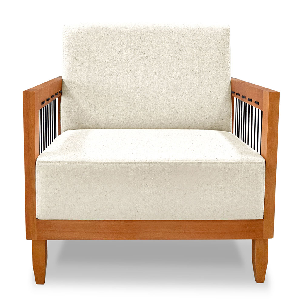 Poltrona Decorativa Marilia Linho Natural Base em Madeira Castanho - Pallazio
