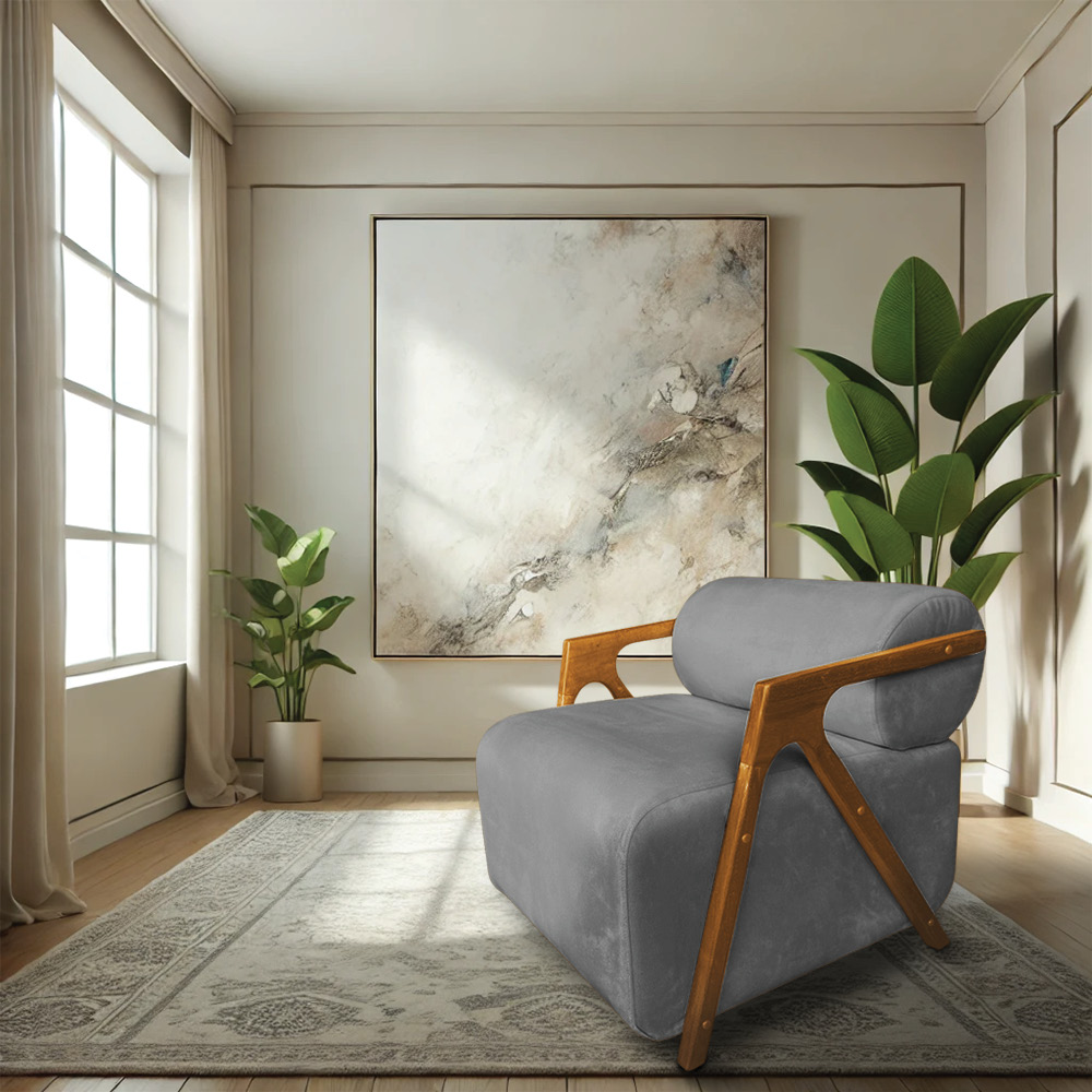 Poltrona Decorativa Marselha Veludo Grafite Base de Madeira - Pallazio