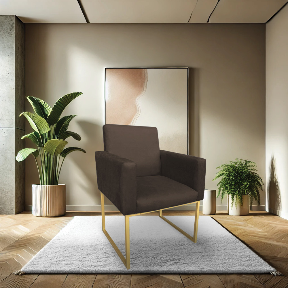 Poltrona Decorativa Nina Suede Marrom Base Metálica Industrial Dourado - Pallazio