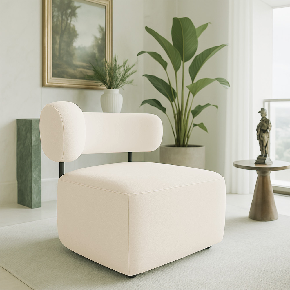 Poltrona Decorativa Orgânica Maya Bouclê Bege Ferro Preto - Pallazio