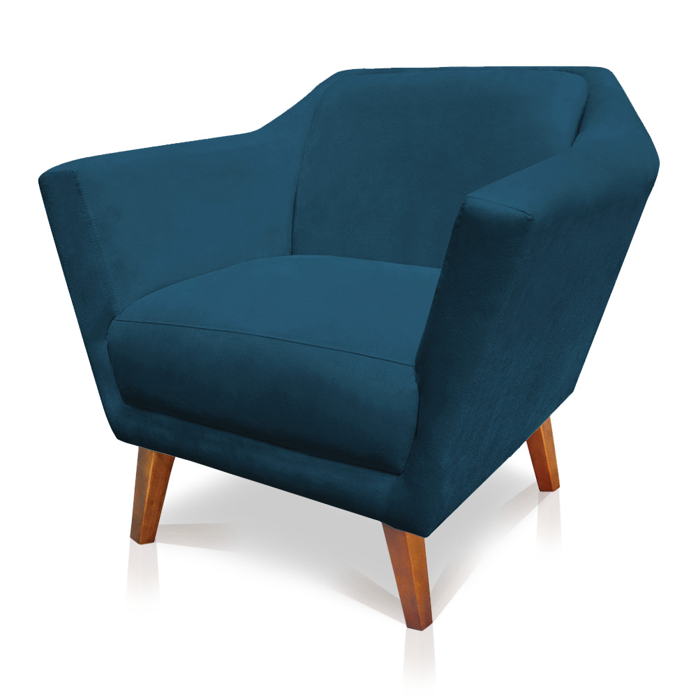 Poltrona Decorativa Pérsia Suede Azul Marinho Pés Chanfrado Castanho - Pallazio