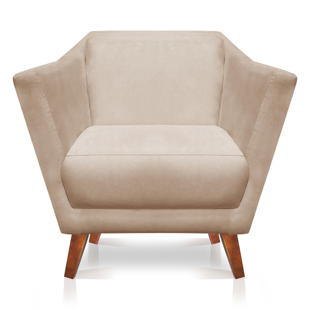 Poltrona Decorativa Pérsia Suede Bege Pés Chanfrado Castanho - Pallazio