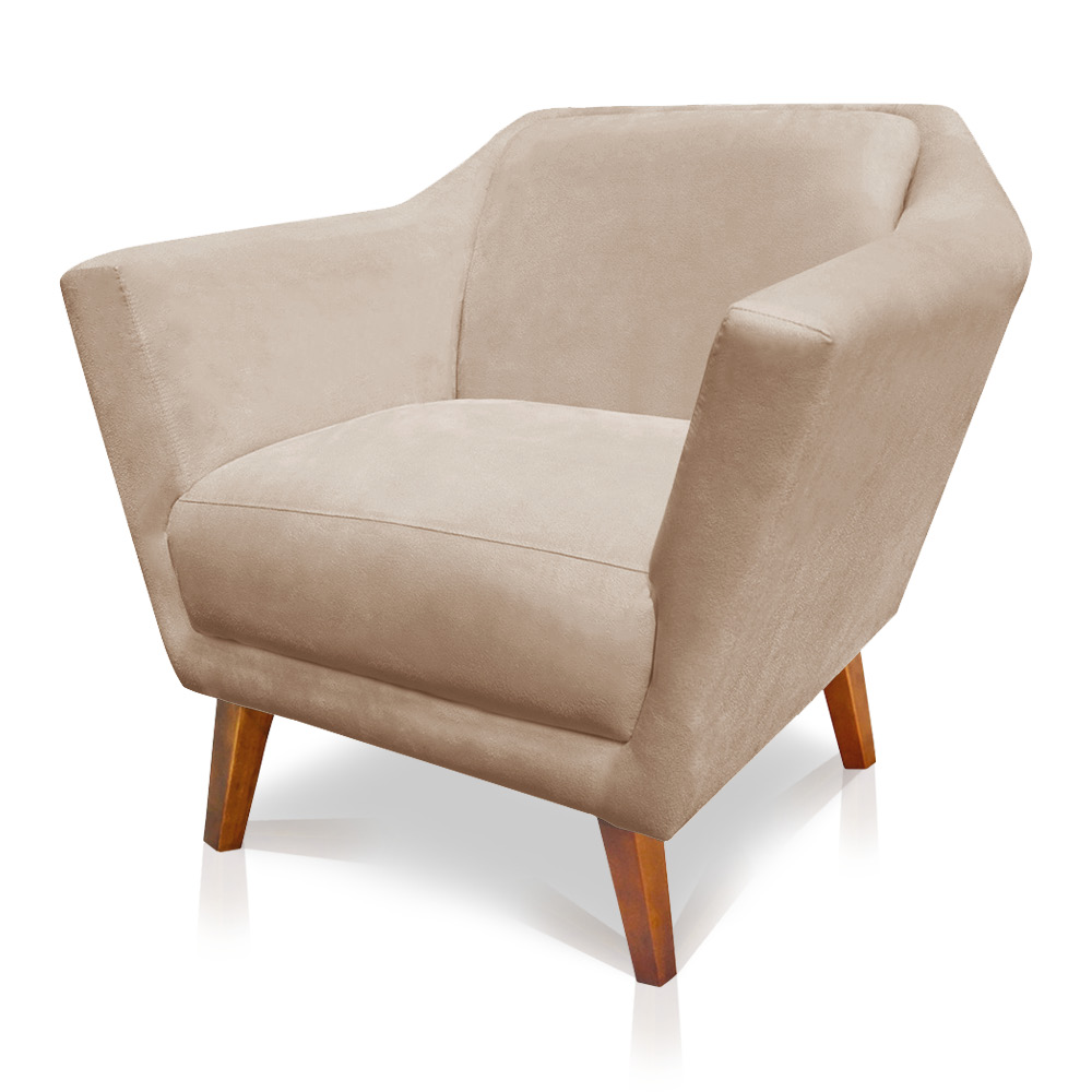 Poltrona Decorativa Pérsia Suede Bege Pés Chanfrado Castanho - Pallazio