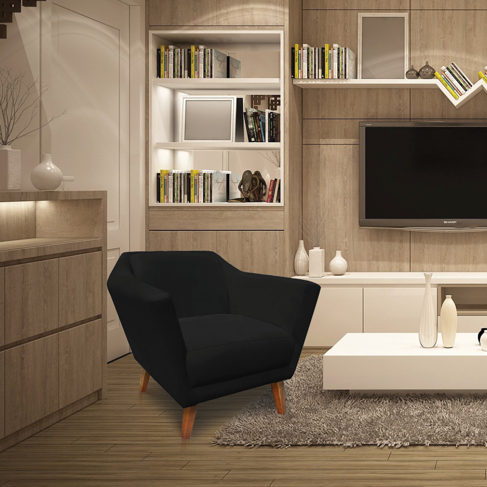 Poltrona Decorativa Pérsia Suede Preto Pés Chanfrado Castanho - Pallazio
