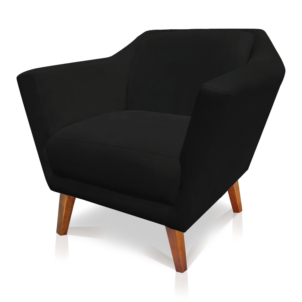 Poltrona Decorativa Pérsia Suede Preto Pés Chanfrado Castanho - Pallazio