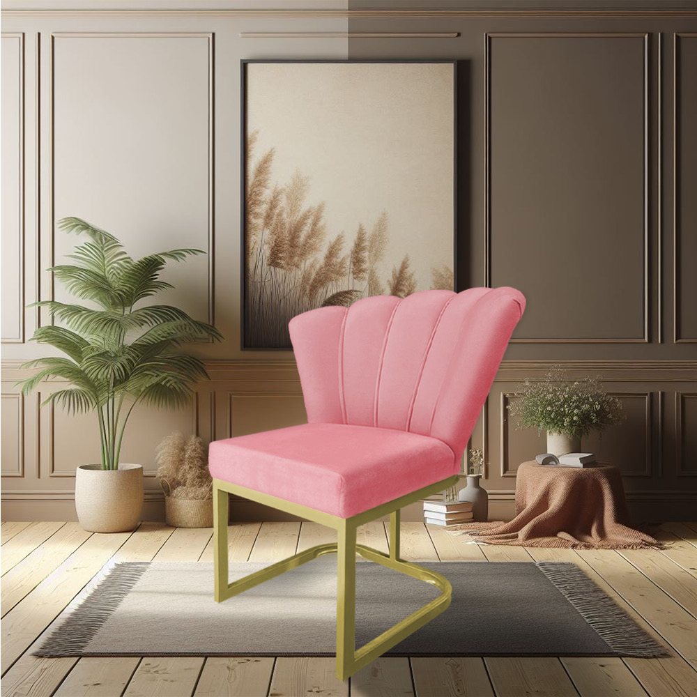 Poltrona Flor Veludo Rosê Base Metálica Industrial Dourado - Pallazio