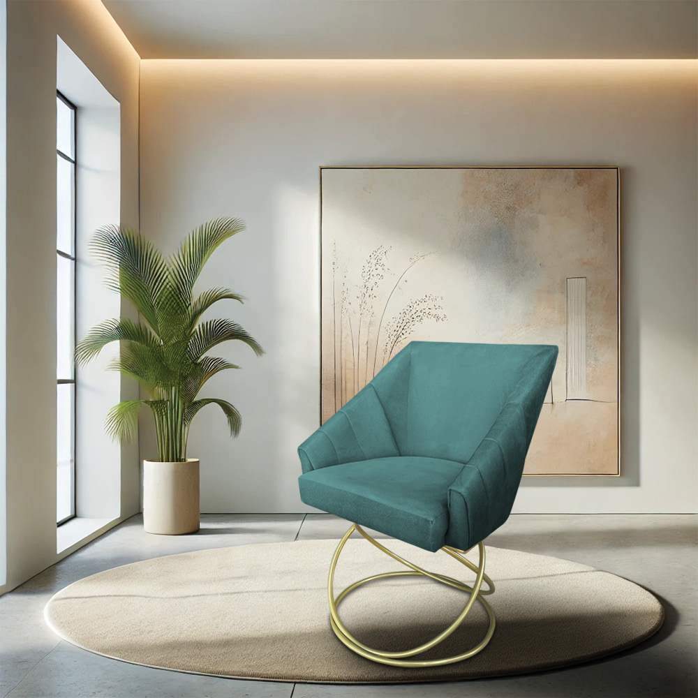 Poltrona Luxo Alana Suede Azul Turquesa Base de Ferro Dourado - Pallazio