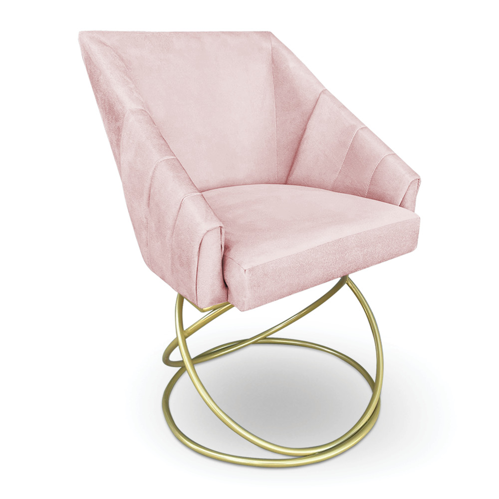 Poltrona Luxo Alana Suede Rosa Bebê Base de Ferro Dourado - Pallazio