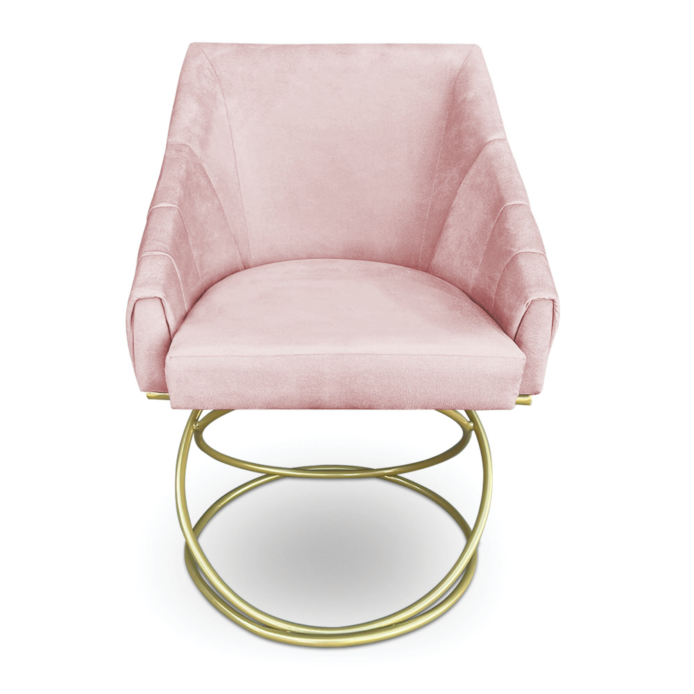 Poltrona Luxo Alana Suede Rosa Bebê Base de Ferro Dourado - Pallazio