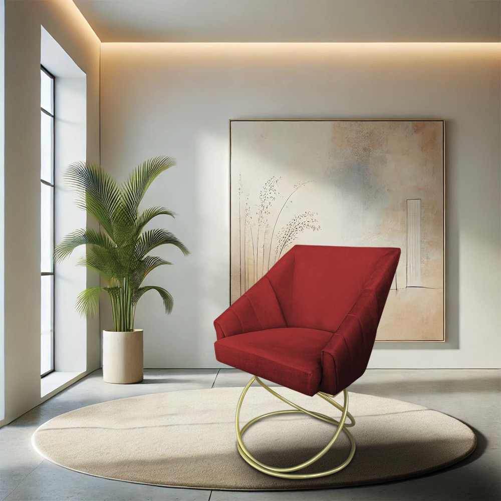Poltrona Luxo Alana Suede Vermelho Base de Ferro Dourado - Pallazio