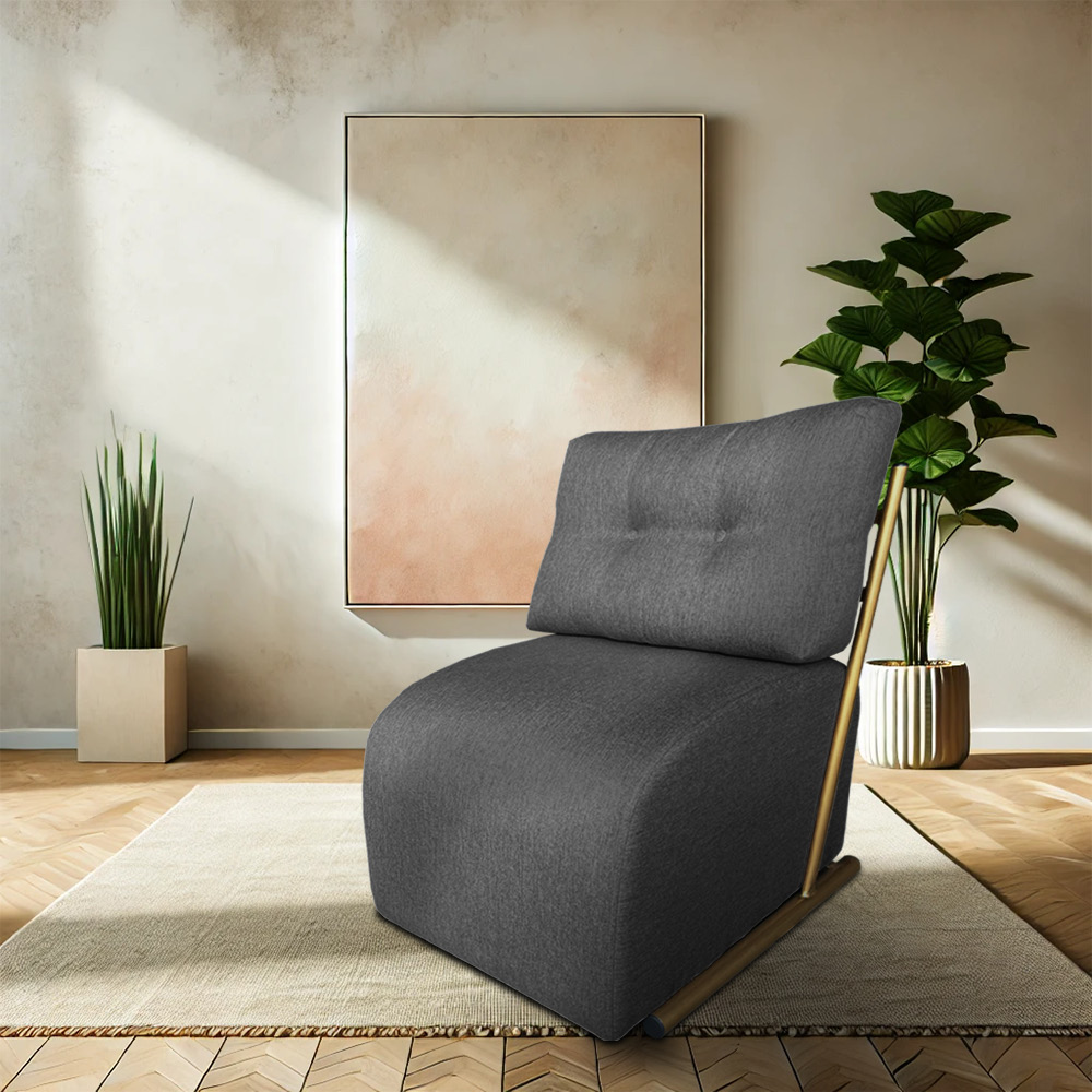 Poltrona Luxo Aurora Linho Grafite Base de Ferro Dourado - Pallazio