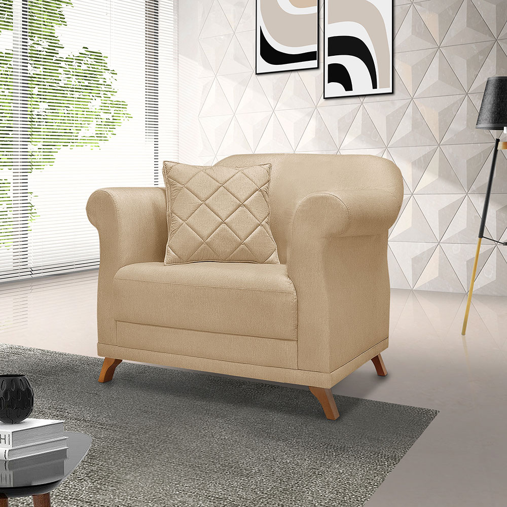 Poltrona Para Sala de Estar Vênus Linho Dourado Pés Castanho - Pallazio
