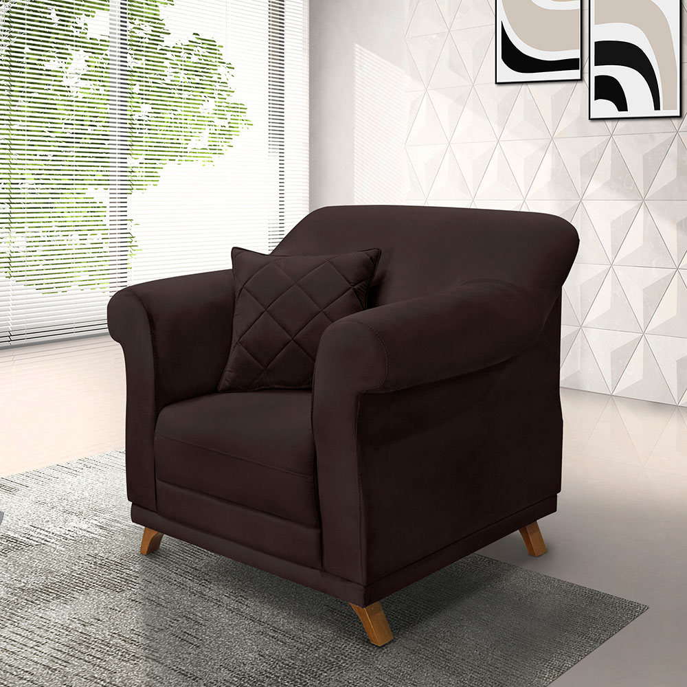 Poltrona Para Sala de Estar Vênus Suede Marrom Café Pés Castanho - Pallazio