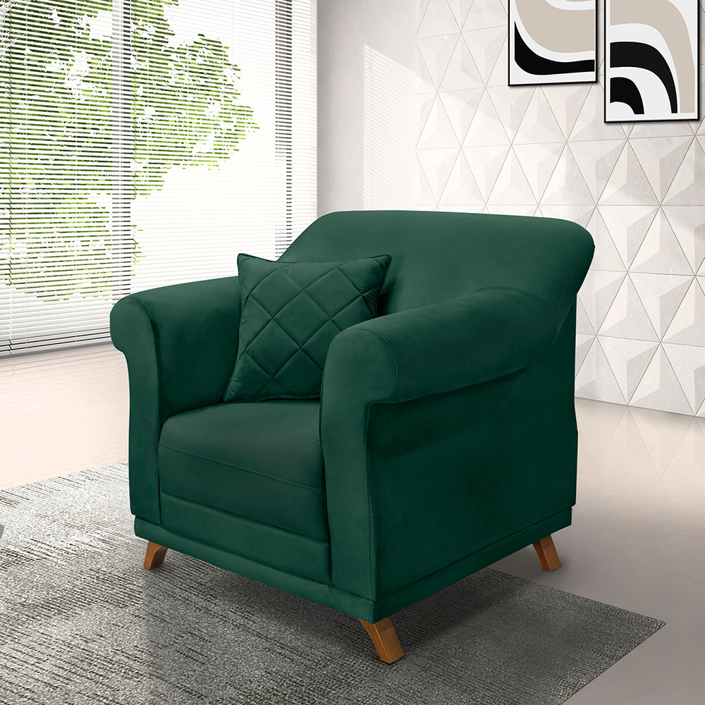 Poltrona Para Sala de Estar Vênus Veludo Verde Floresta Pés Castanho - Pallazio