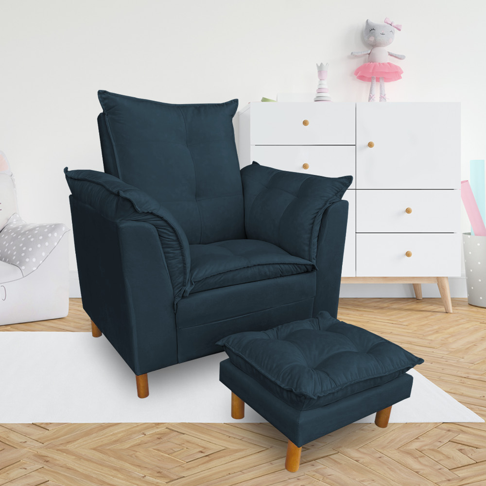 Poltrona de Amamentação com Puff Laura Suede Azul Marinho - Pallazio
