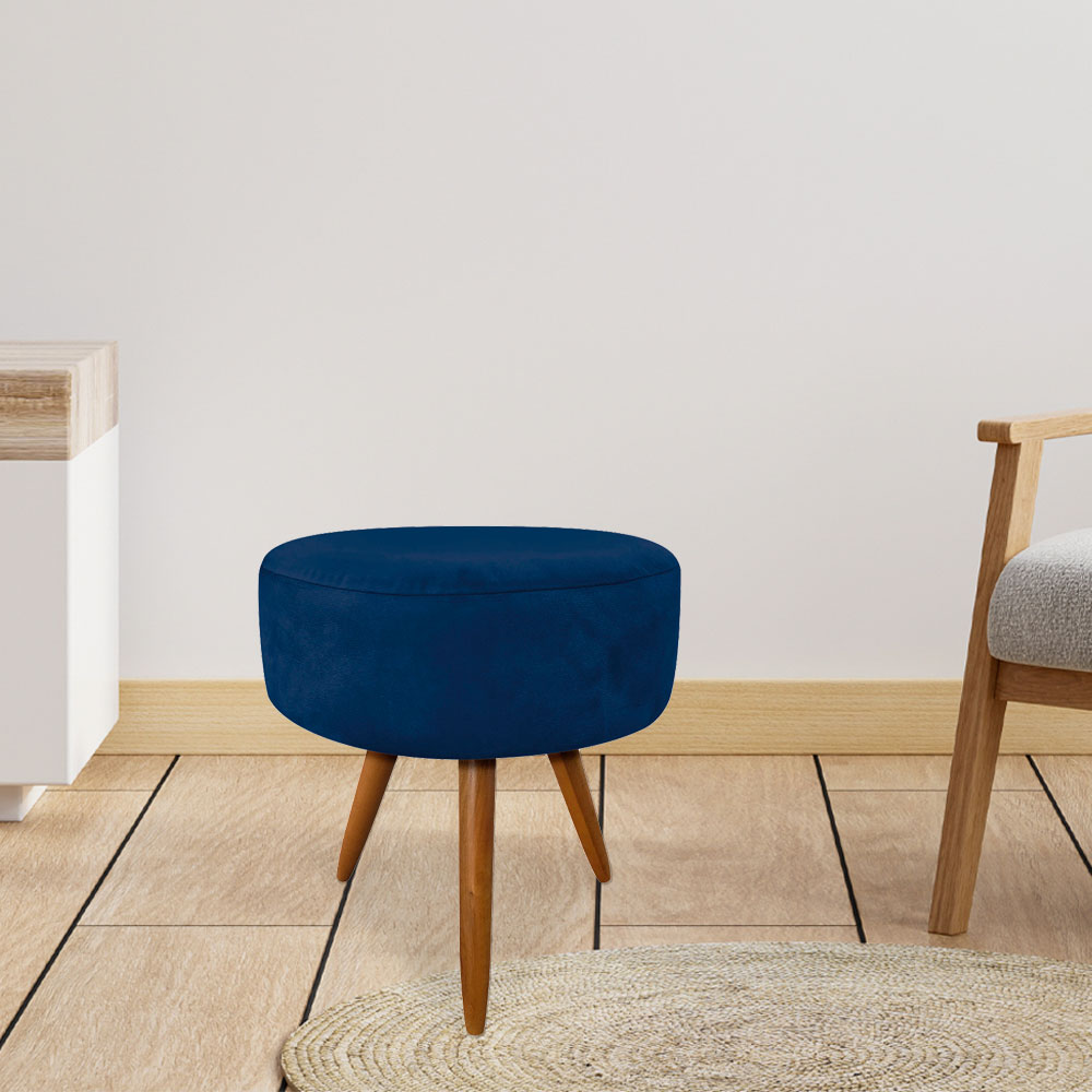 Puff Banqueta Redonda Nina Suede Azul Marinho Pés Palito Castanho - Pallazio