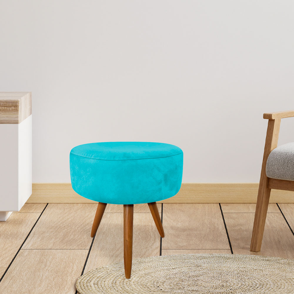 Puff Banqueta Redonda Nina Suede Azul Turquesa Pés Palito Castanho - Pallazio