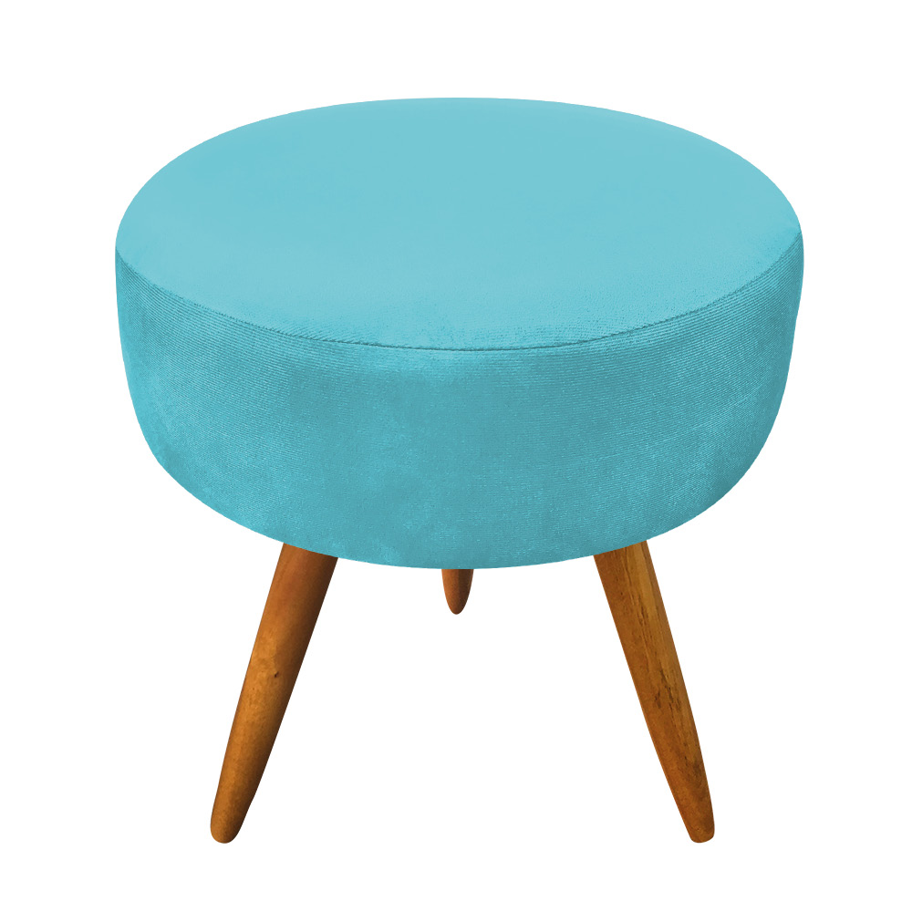 Puff Banqueta Redonda Nina Suede Azul Turquesa Pés Palito Castanho - Pallazio