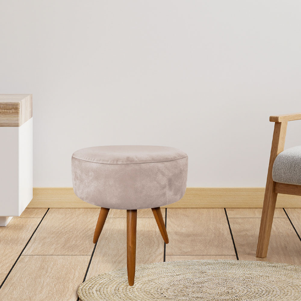Puff Banqueta Redonda Nina Suede Bege Pés Palito Castanho - Pallazio