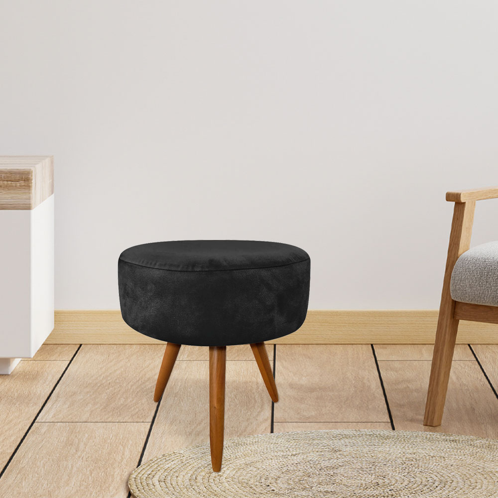 Puff Banqueta Redonda Nina Suede Preto Pés Palito Castanho - Pallazio