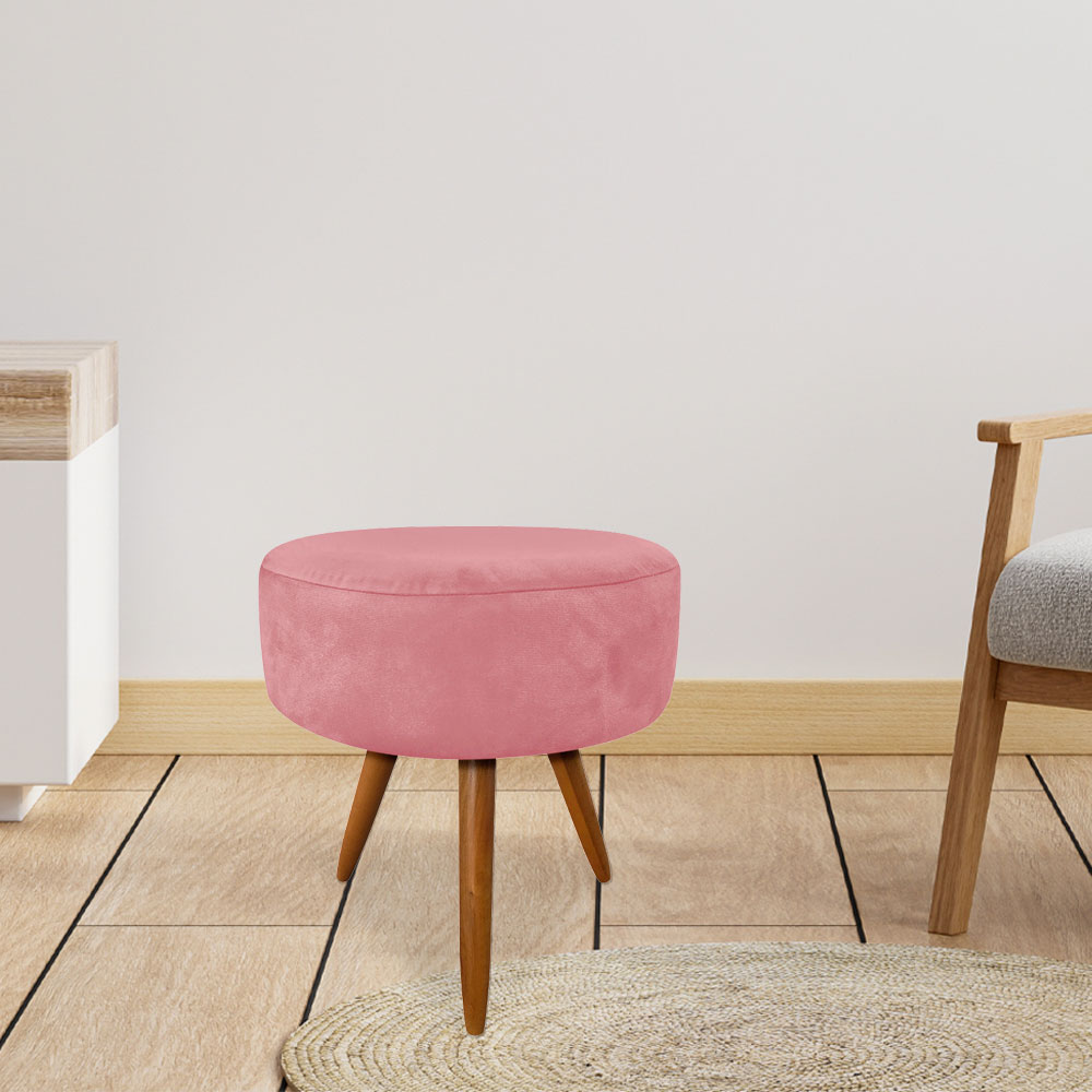Puff Banqueta Redonda Nina Suede Rosê Pés Palito Castanho - Pallazio