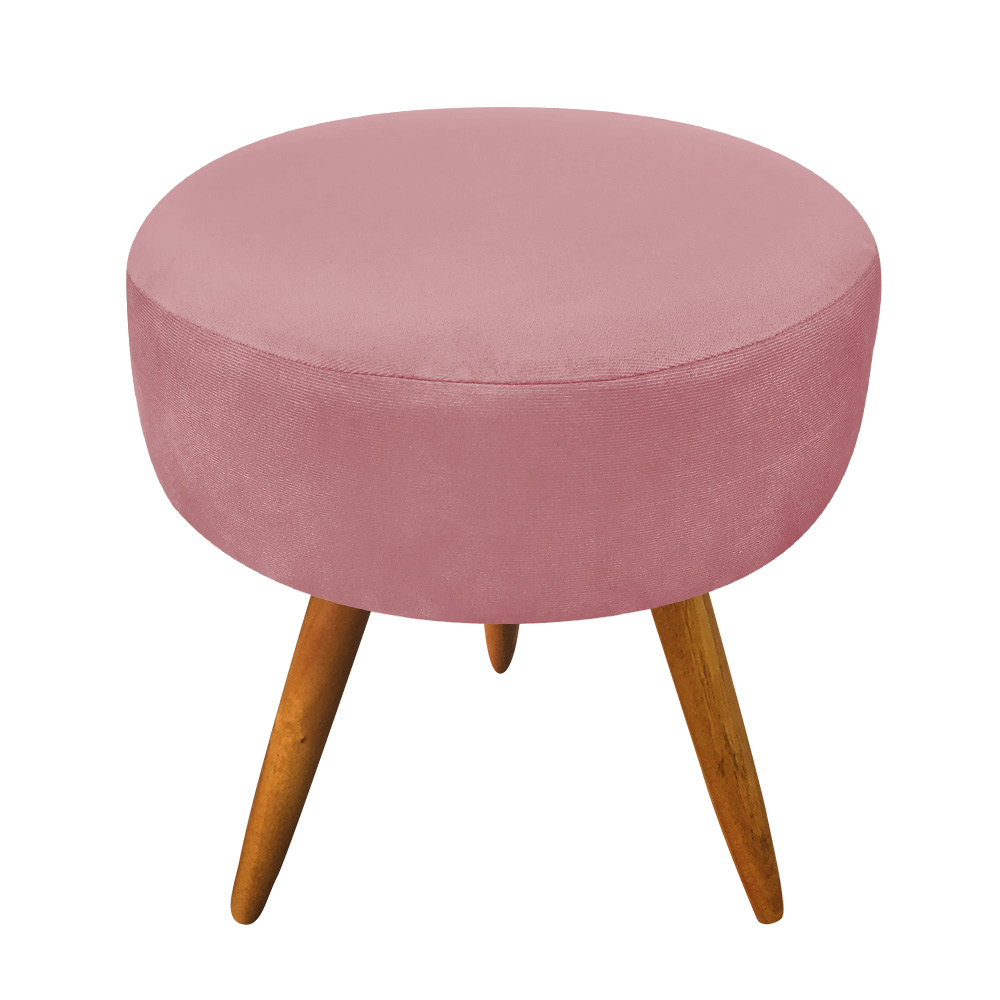 Puff Banqueta Redonda Nina Suede Rosê Pés Palito Castanho - Pallazio