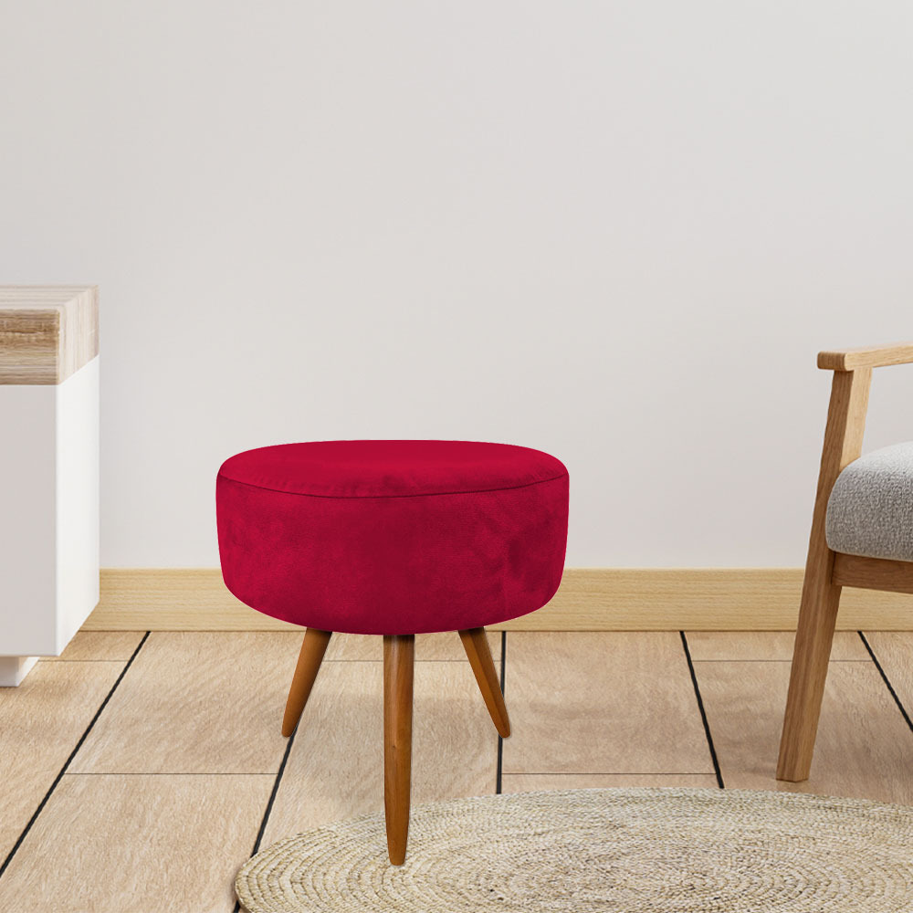 Puff Banqueta Redonda Nina Suede Vermelho Pés Palito Castanho - Pallazio