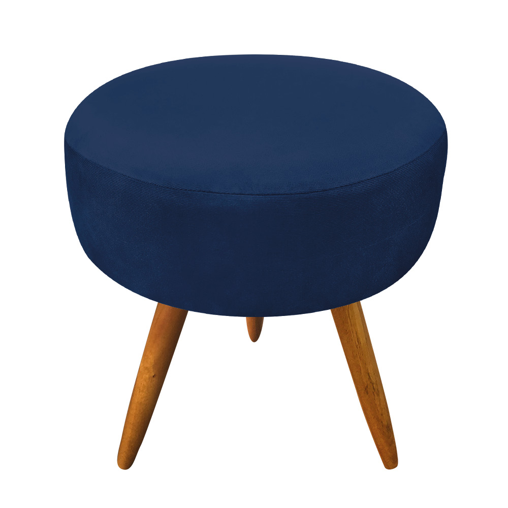 Puff Banqueta Redonda Nina Veludo Azul Marinho Pés Palito Castanho - Pallazio