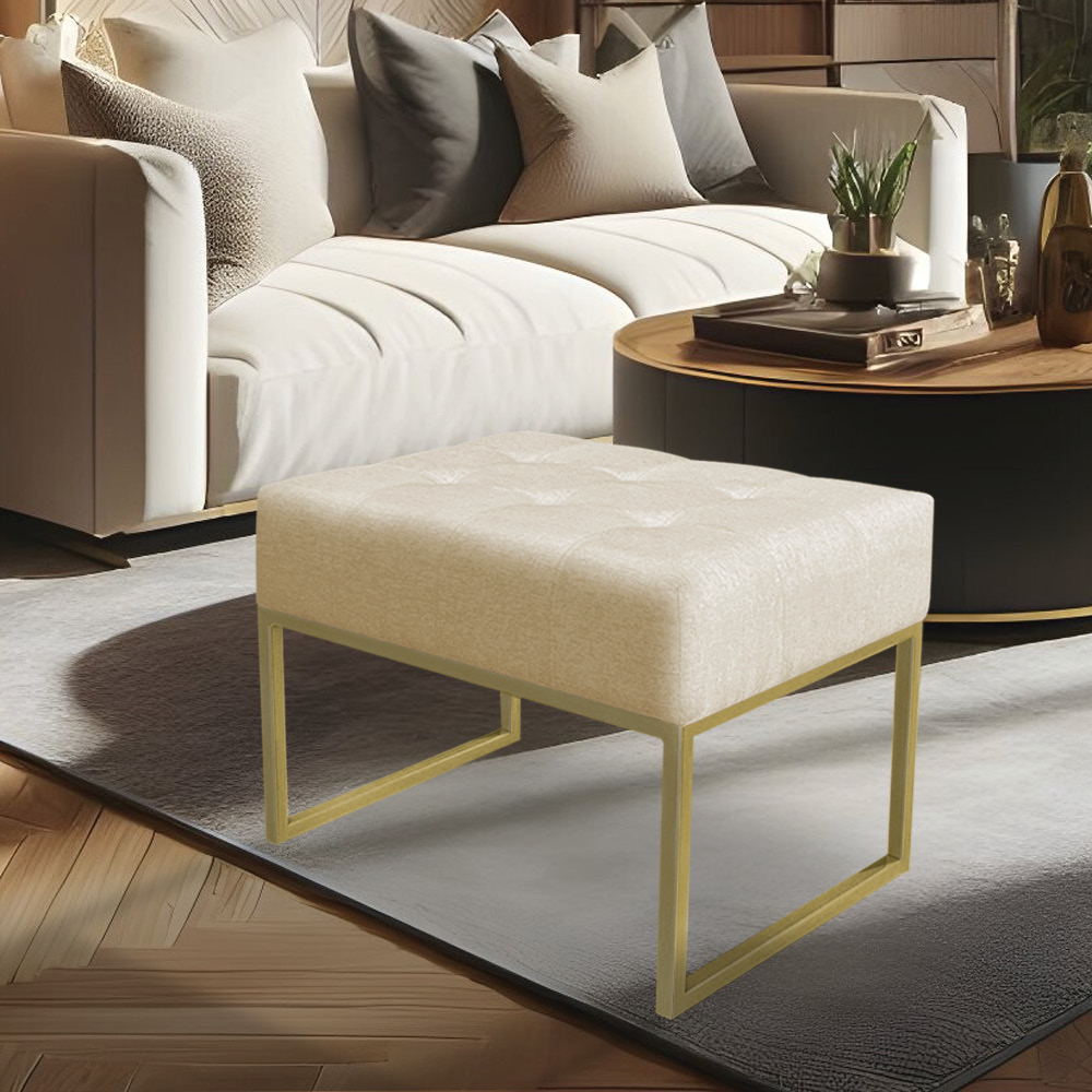 Puff Lisa Linho Base Metálica Industrial Dourado - Pallazio